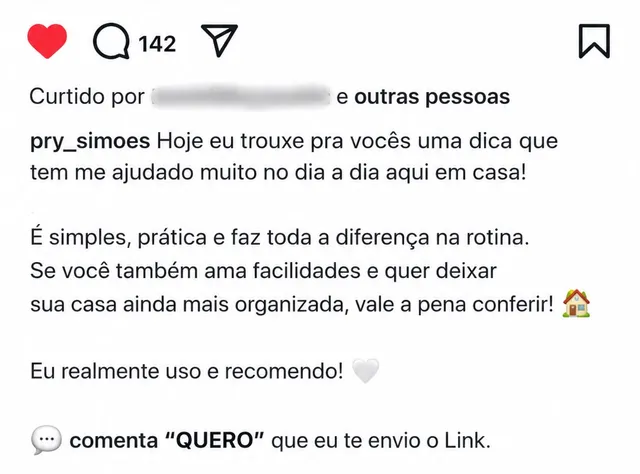 Legenda de um post no Instagram que termina com: comenta “QUERO” que eu te envio o link