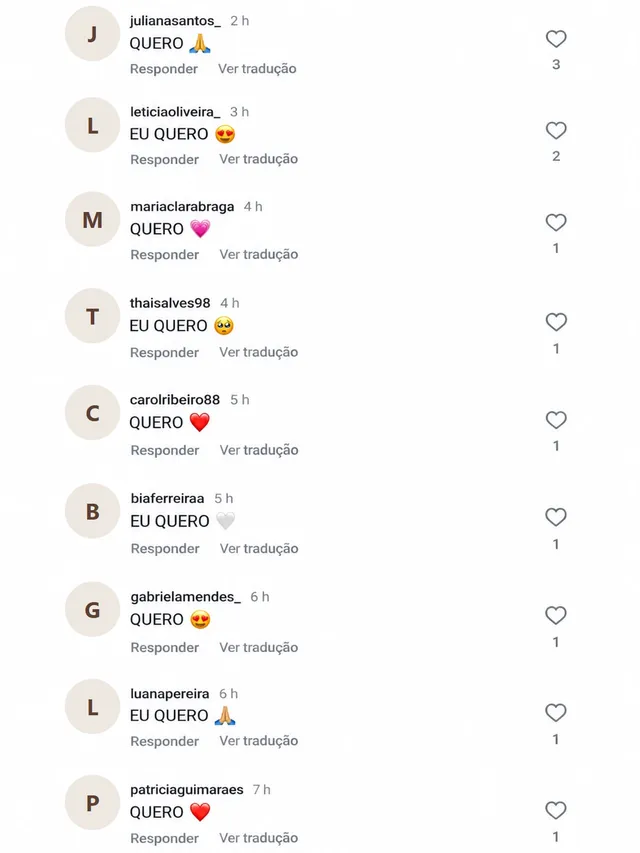 Lista de comentários do post, quase todos com a palavra QUERO