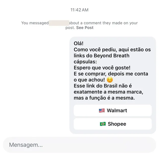 Mensagem enviada automaticamente no Direct, com o texto pedido e dois botões de link